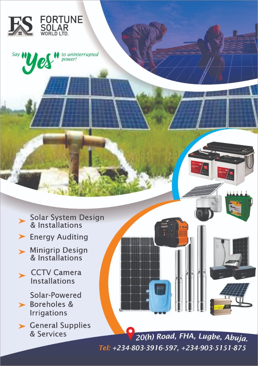 Fortune Solar World service overview showing solar systems, batteries, CCTV, pumps, and installation services